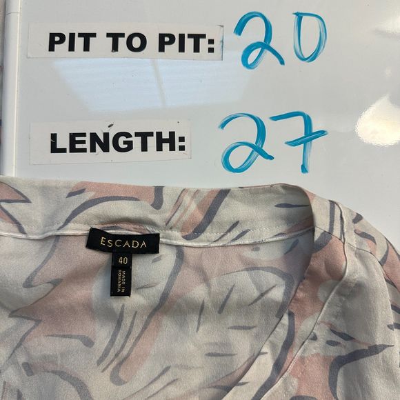 Escada 100% Silk Pink White Grey Abstract Print Blouse Women's Size 40 US 10 - Picture 5 of 9